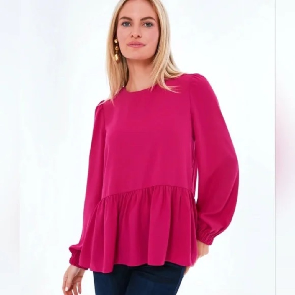 Tuckernuck Pomander Place Carlota Peplum Blouse M Fuchsia Long Sleeve Preppy - Picture 1 of 9